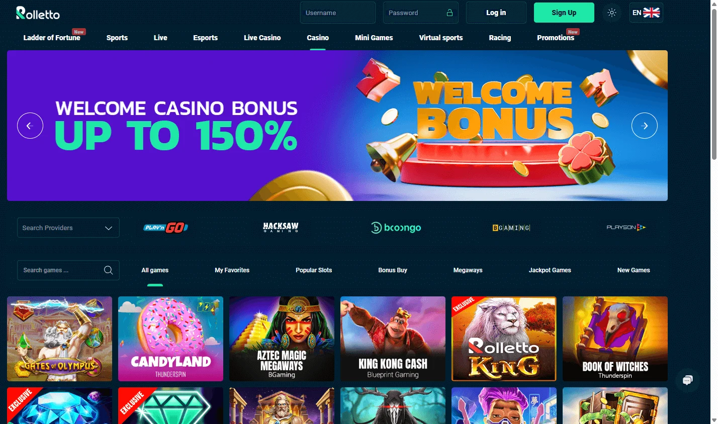 Rolletto Casino desktop casino games selection
