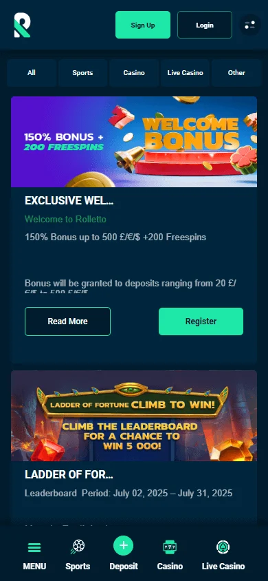 Rolletto Casino mobile browser promotions area