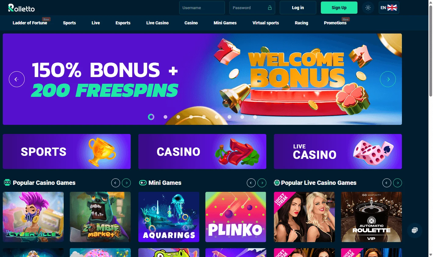 Rolletto Casino desktop home interface with casino and sportsbook access