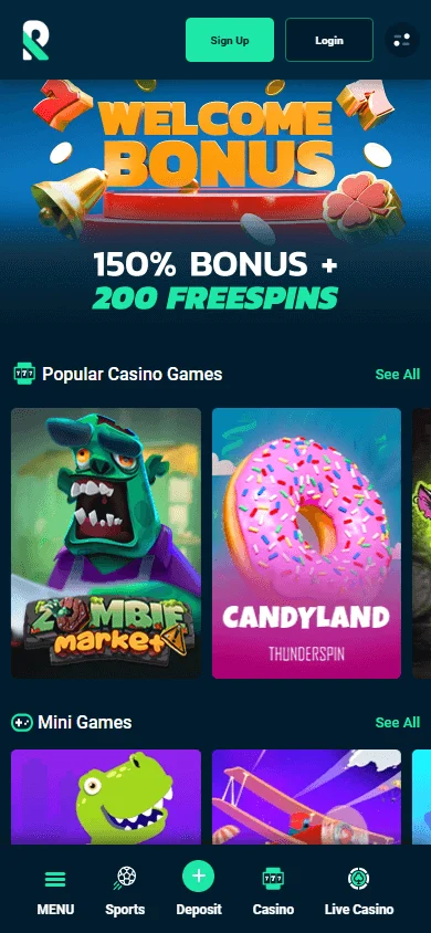 Rolletto Casino mobile browser home interface on a smartphone