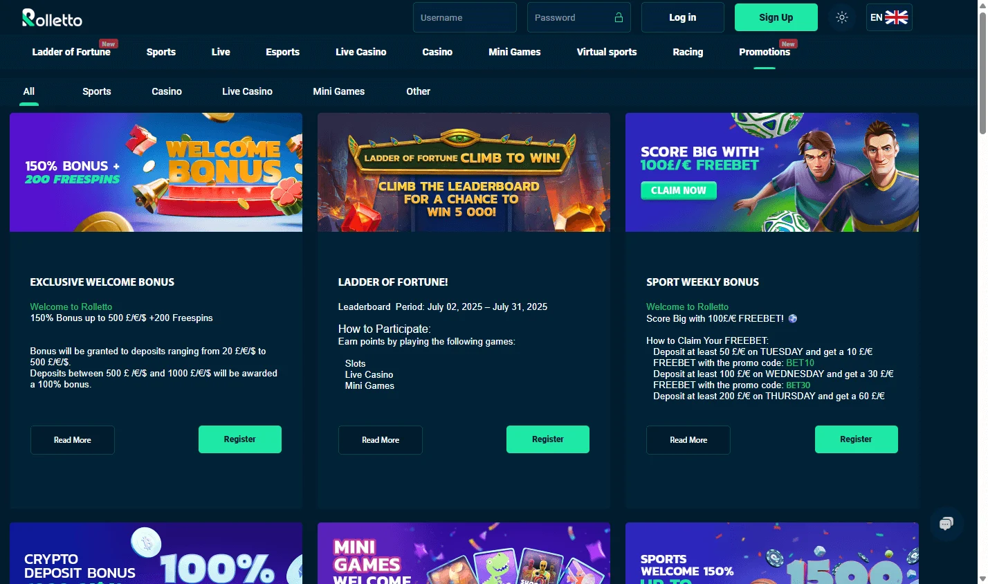Rolletto Casino desktop promotions area with casino and sportsbook offers